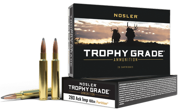 Nosler 60044 Trophy Grade 280Ackley Improved 160gr Nosler Spitzer Partition 20 Per Box/10 Case