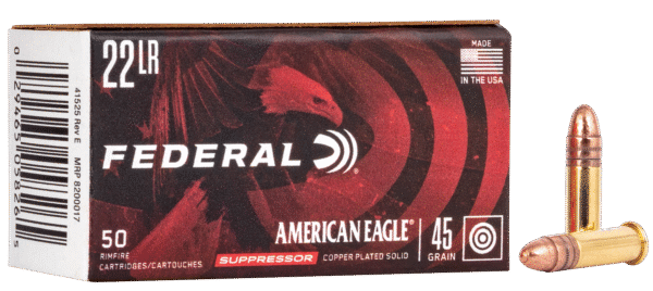 Federal AE22SUP1 American Eagle Suppressor 22LR 45gr Copper Plated Round Nose 50 Per Box/100 Case