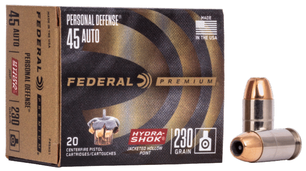 Federal P45HS1 Premium Personal Defense 45ACP 230gr Hydra-Shok Jacketed Hollow Point 20 Per Box/25 Case