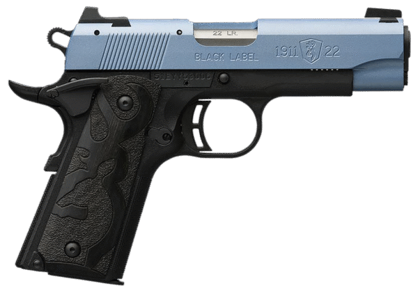 Browning 051898490 1911 Black Label Compact Frame 22 LR 10+1, 3.63" Matte Stainless Steel Barrel, Polar Blue Cerakote Serrated Slide, Matte Black Polymer Frame w/Beavertail, Black Laminate Wood Grip