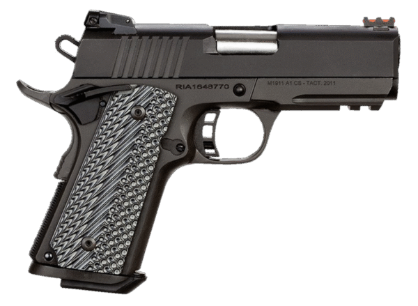 Rock Island 51470 Tac Ultra CS 45 ACP Caliber with 3.62" Barrel, 7+1 Capacity, Overall Black Parkerized Finish Steel, Picatinny Rail/Beavertail Frame, Serrated Slide & Black/Gray G10 Grip