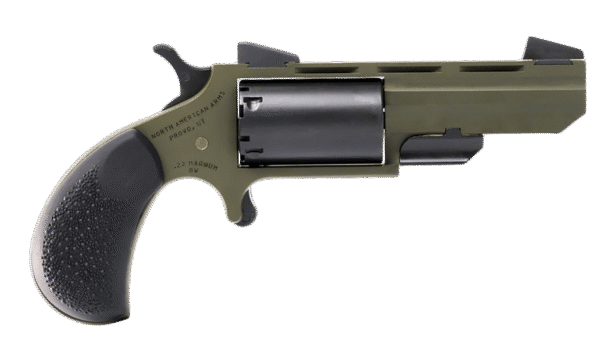 North American Arms TGHM Huntsman 22 Mag 5 Shot 2", OD Green Frame/Barrel, Black Cylinder, Camo Grips, Fixed Marble Arms Sights, Includes Black Leather Holster