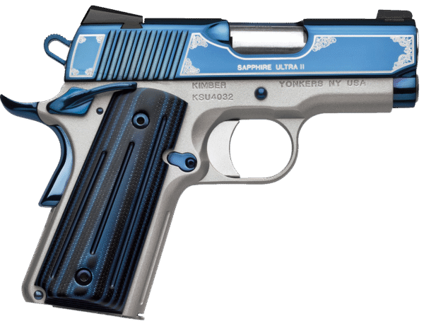 Kimber Mfg, Inc 3200273 Ultra II 9mm Luger 8+1 3" Stainless Match Grade Barrel, Engraved Sapphire Blue PVD Serrated Stainless Steel Slide, Satin Silver Aluminum Frame w/Beavertail, G10 Grip