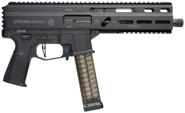 Grand Power 810091157152 SP10A3 Stribog 10mm Auto 20+1 8" Black Threaded Barrel, Black Aluminum Picatinny Rail Receiver, Black Polymer Grip, Thread Protector