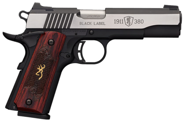 Browning 051912492 1911-380 Black Label Medallion Pro 380 ACP 8+1 4.25" Target Crown Barrel, Blackened w/Silver Polished Flats Serrated SS Slide, Matte Black Polymer Frame  w/Beavertail