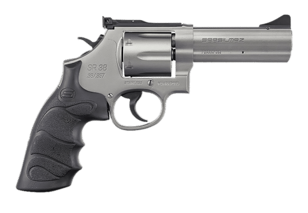 SAR USA SARSR38ST4 SAR SR  38 Special/357 Mag 6 Shot, 4" Stainless Steel Barrel, Cylinder & Frame w/Black Finger Groove Grip, Drop Safety/Hammer Block Safety, Exposed Hammer