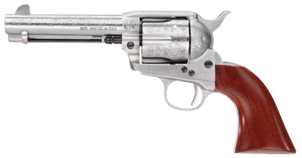 Taylors & Company 550928 1873 Cattleman 357 Mag Caliber with 4.75" Barrel, 6rd Capacity Cylinder, Overall White Floral Engraved Finish Steel & Walnut Grip