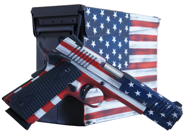 Citadel CITC45FUSAAC M1911 Flag 45 ACP 8+1, 5" Stainless Steel Barrel, American Flag Cerakote Serrated Steel Slide, Steel Frame w/Beavertail, Features Matching Ammo Can, Ambidextrous