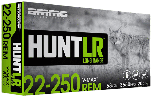 Ammo Inc 22250053VMXA20 Hunt Long Range 22-250Rem 53gr V-Max 20 Per Box/10 Case