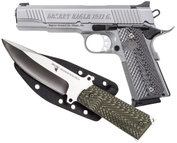 Magnum Research DE1911GSS-K Desert Eagle 1911 w/ 1911 Fixed Blade Knife 45 ACP 8+1 5.01" Stainless Steel Slide Matte Stainless Steel Black/Gray G10 Grip