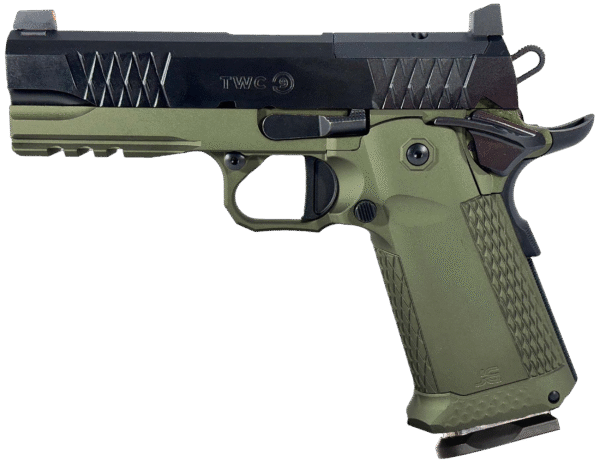 JACOB GREY FIREARMS TWC9EDG TWC9 9mm Luger 17+1 4.25" Black Bull Barrel, Black Optic Ready/Serrated Steel Slide, Duty Green Aluminum Frame w/Beavertail & Picatinny Rail