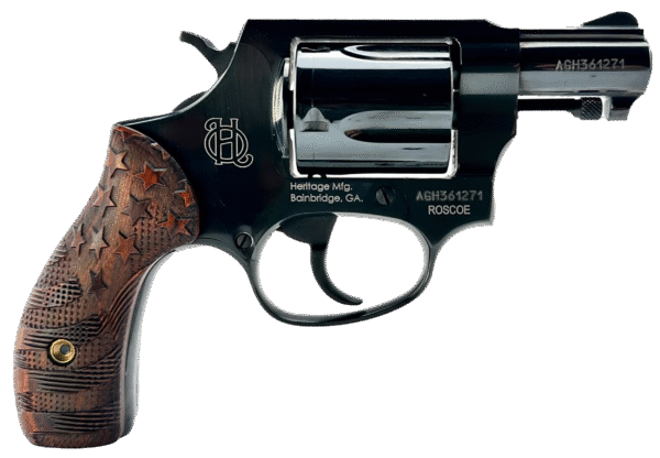 Heritage Mfg HR38B3-US1 Roscoe Small 38 Special +P 5 Shot 3" Black Polished Alloy Steel Barrel, Cylinder & Frame, Custom Designed Wood Grip w/Stars & Stripes, Transfer Bar Safety, Exposed Hammer